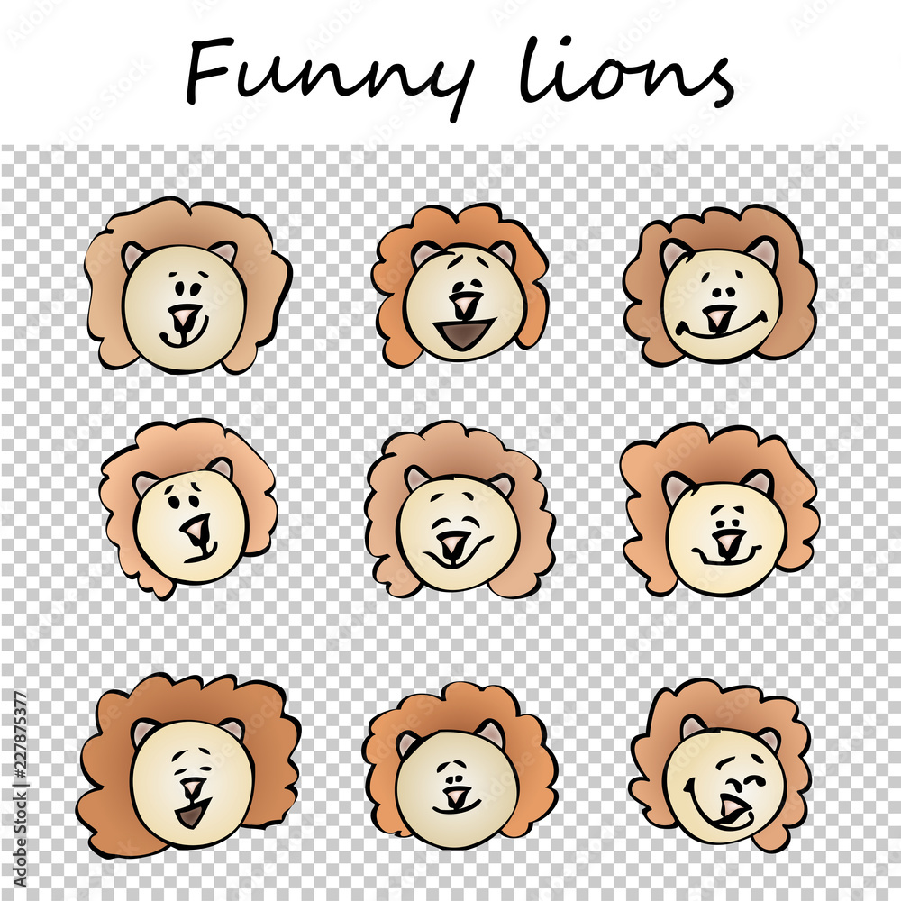 Funny lions. Doodle animal faces with positive emotions, black outlines, colorful images, transparent background. Emoticons. Emotional icons. Vector illustration. Funny lions. Doodle animal faces with positive emotions, black outlines, colorful images, transparent background. Emoticons. Emotional icons. Vector illustration.