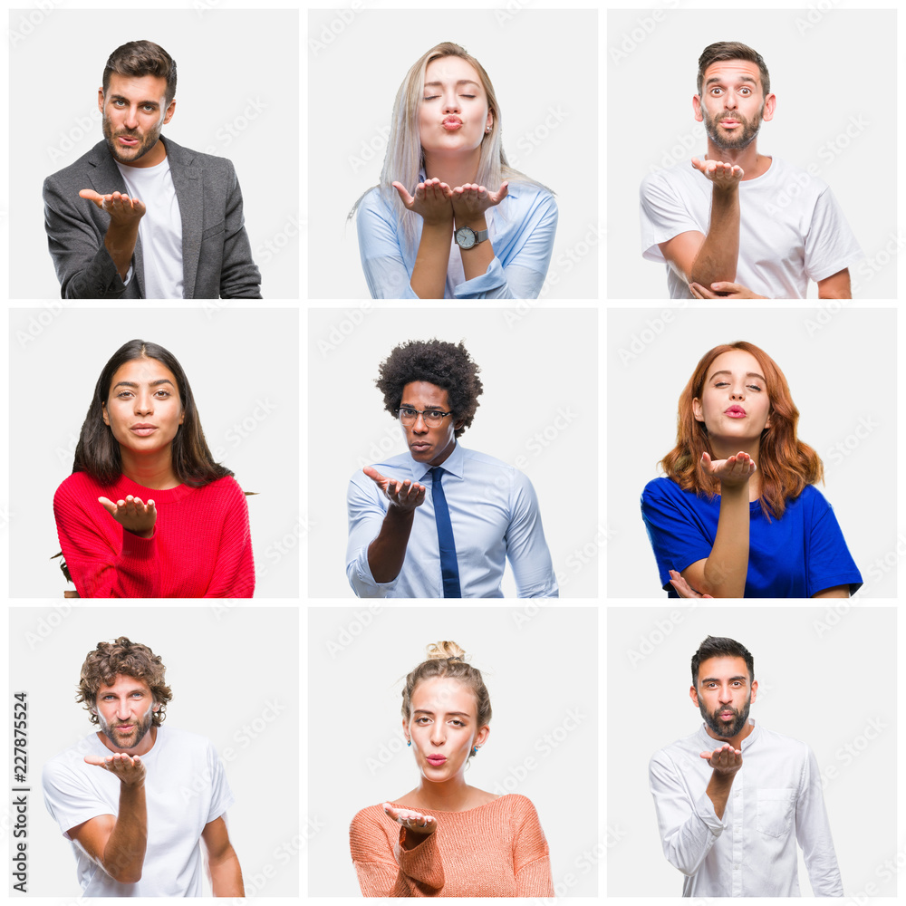 Collage of group of young people woman and men over isolated background looking at the camera blowing a kiss with hand on air being lovely and sexy. Love expression. Collage of group of young people woman and men over isolated background looking at the camera blowing a kiss with hand on air being lovely and sexy. Love expression.