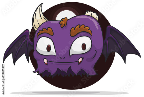 Flying Cute Smiling Vampire Monster with Horns, Vector Illustration