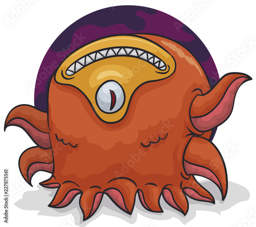Scary Alien with Inverted Face and Tentacles, Vector Illustration