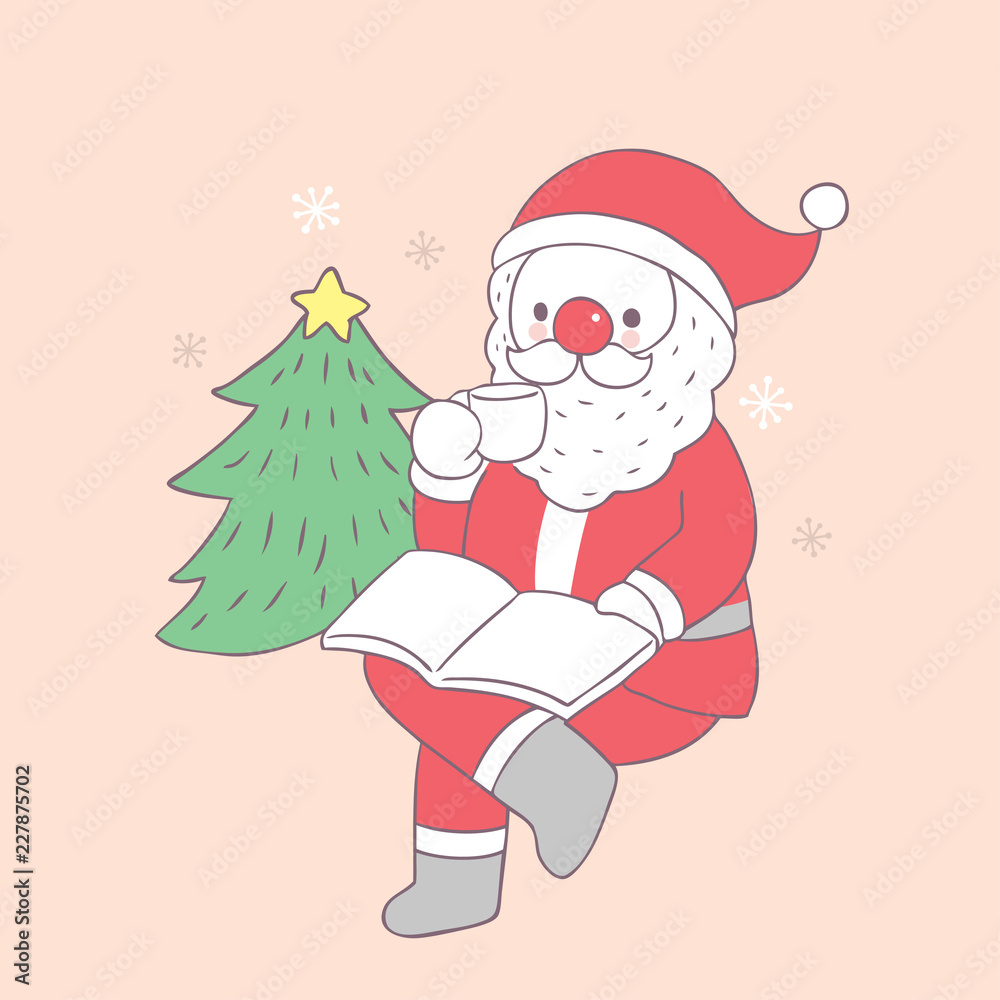 Fototapeta premium Cartoon cute Christmas Santa Claus drinking coffee vector.