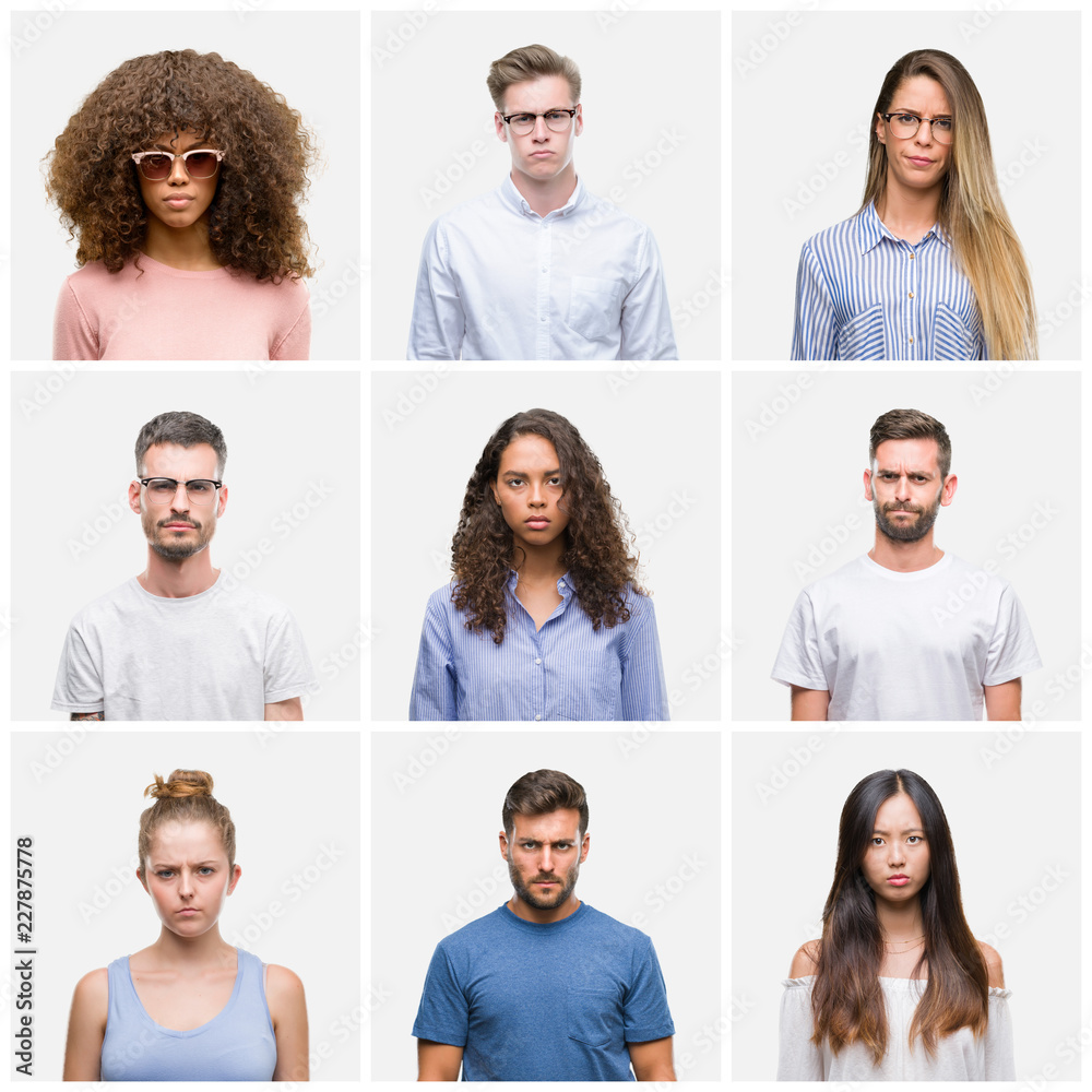 Collage of group of young people woman and men over white solated background skeptic and nervous, frowning upset because of problem. Negative person. Collage of group of young people woman and men over white solated background skeptic and nervous, frowning upset because of problem. Negative person.