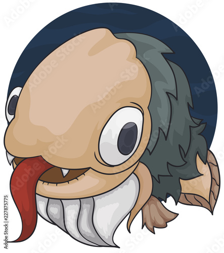 Strange Bearded Fish with Hairy Body and Big Tongue, Vector Illustration