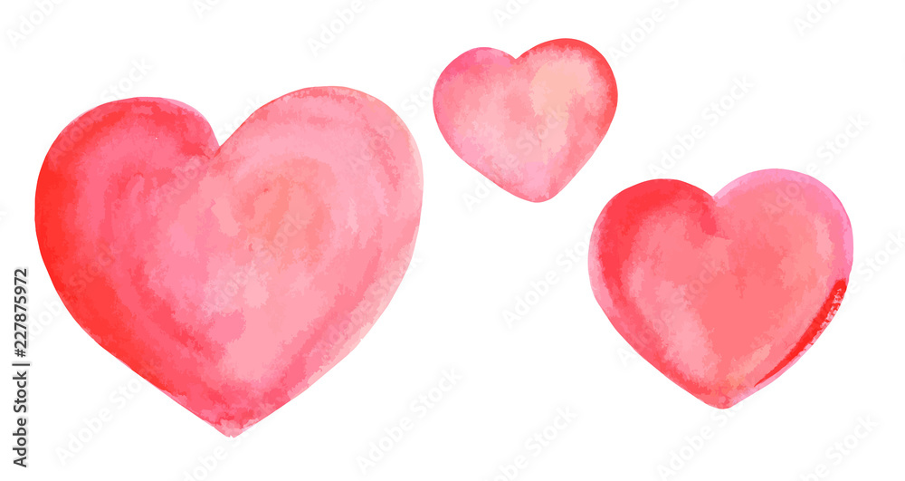 A vector set of watercolour drawings of pink hearts, isolated on a white background