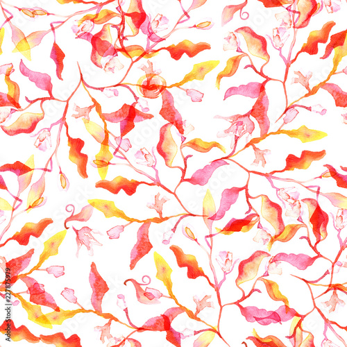 Seamless pattern with abstract red and yellow branches and leaves and watercolour splashes
