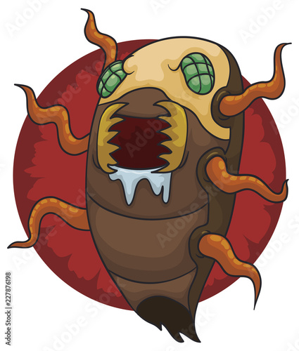 Hunger Alien Insectoid with Tentacles and Menacing Jaws, Vector Illustration