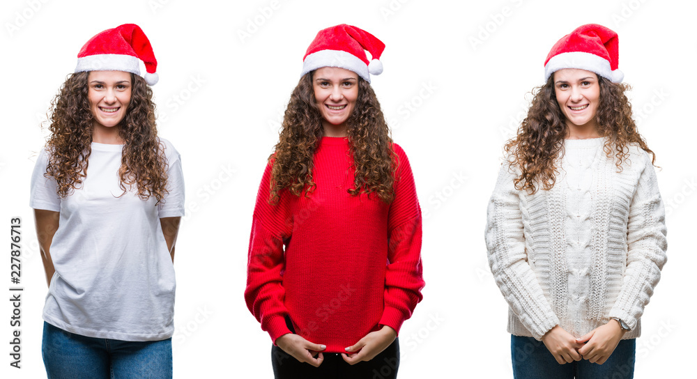 Collage of young brunette girl wearing christmas hat over isolated background with a happy and cool smile on face. Lucky person. Collage of young brunette girl wearing christmas hat over isolated background with a happy and cool smile on face. Lucky person.