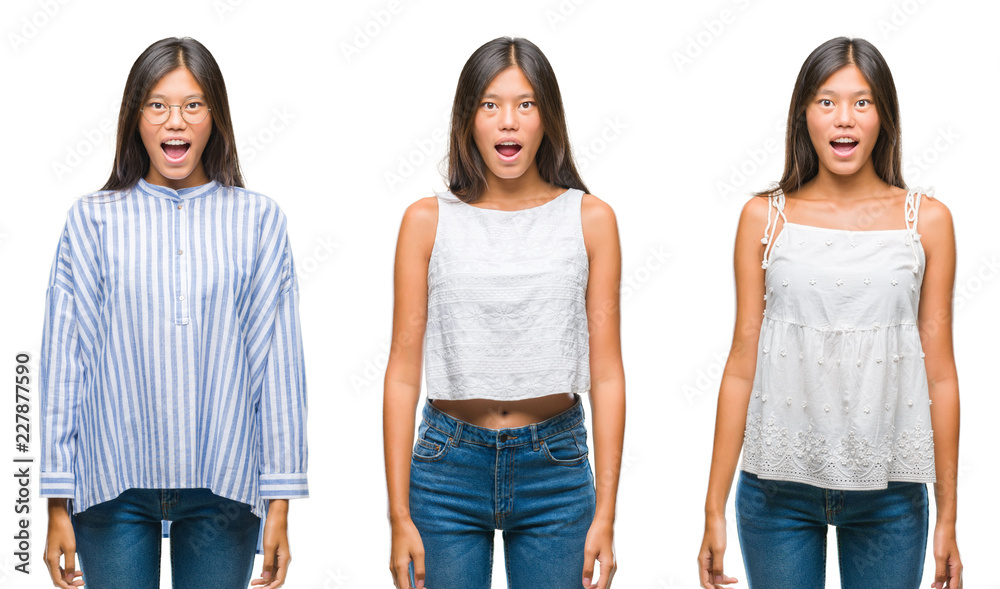 Obraz premium Collage of asian young woman standing wearing glasses over white isolated background afraid and shocked with surprise expression, fear and excited face.