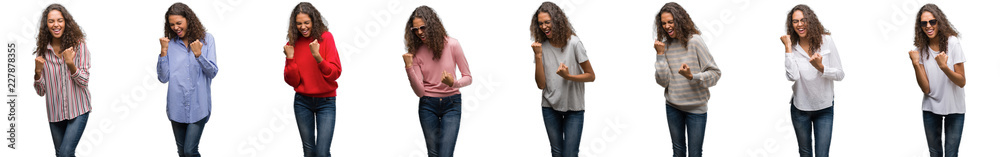 Composition of young brazilian woman isolated over white background very happy and excited doing winner gesture with arms raised, smiling and screaming for success. Celebration concept. Composition of young brazilian woman isolated over white background very happy and excited doing winner gesture with arms raised, smiling and screaming for success. Celebration concept.