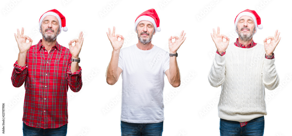 Collage of handsome senior hoary man wearing christmas hat over isolated background relax and smiling with eyes closed doing meditation gesture with fingers. Yoga concept.