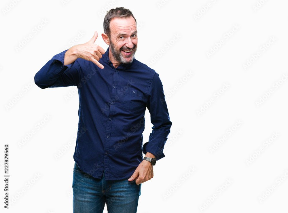 Middle age hoary senior man over isolated background smiling doing phone gesture with hand and fingers like talking on the telephone. Communicating concepts. Middle age hoary senior man over isolated background smiling doing phone gesture with hand and fingers like talking on the telephone. Communicating concepts.