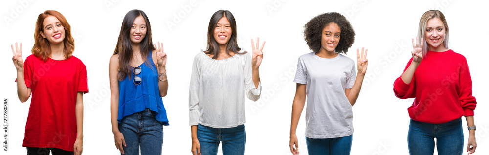 Collage of group of beautiful Chinese, asian, african american, caucasian women over isolated background showing and pointing up with fingers number three while smiling confident and happy. Collage of group of beautiful Chinese, asian, african american, caucasian women over isolated background showing and pointing up with fingers number three while smiling confident and happy.