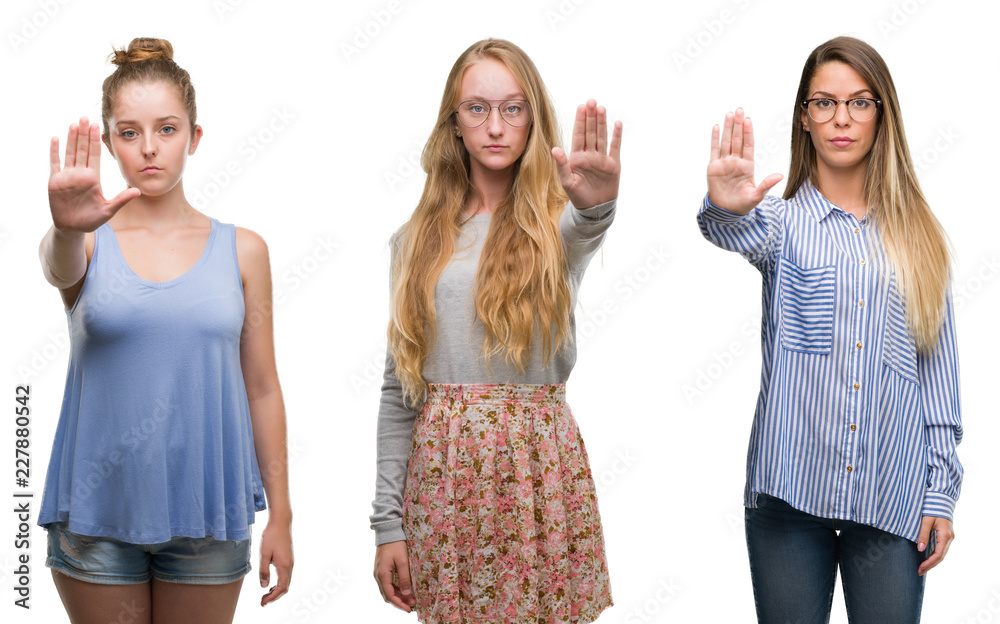 Collage of group of blonde women over isolated background doing stop sing with palm of the hand. Warning expression with negative and serious gesture on the face.