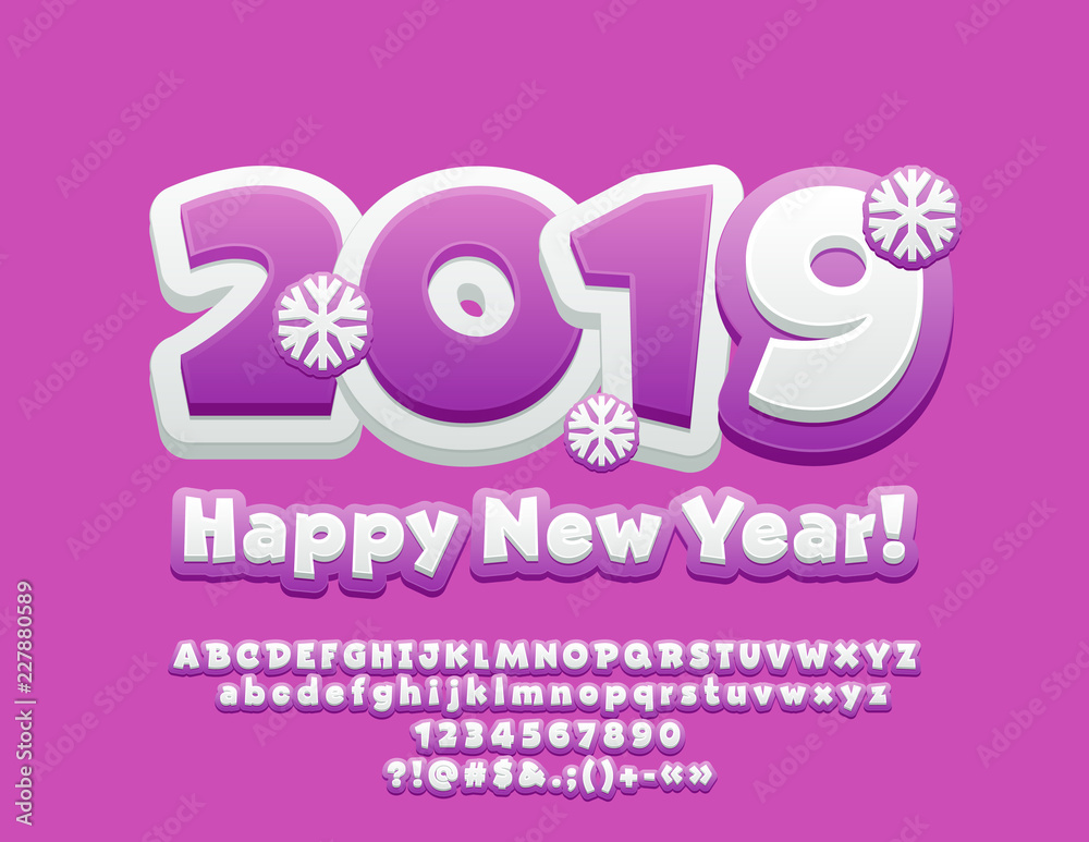 Plakat Vector modern Greeting Card Happy New Year 2019 for Children. Artistic set of contemporary Alphabet letters, Symbols and Numbers. Bright Violet and White Font.