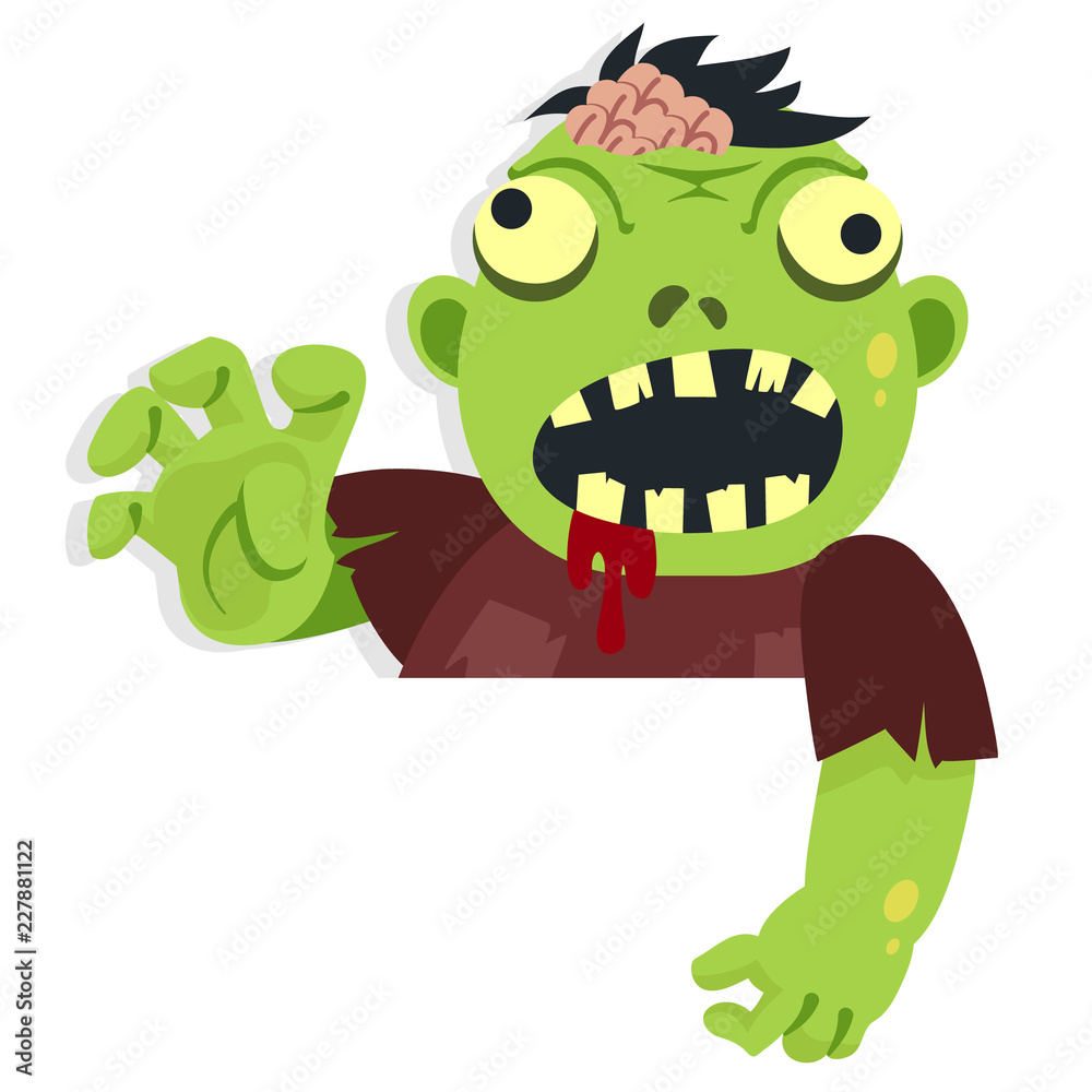 Obraz premium Cartoon Zombie Character for Halloween Asset Pointing Down Behind Paper