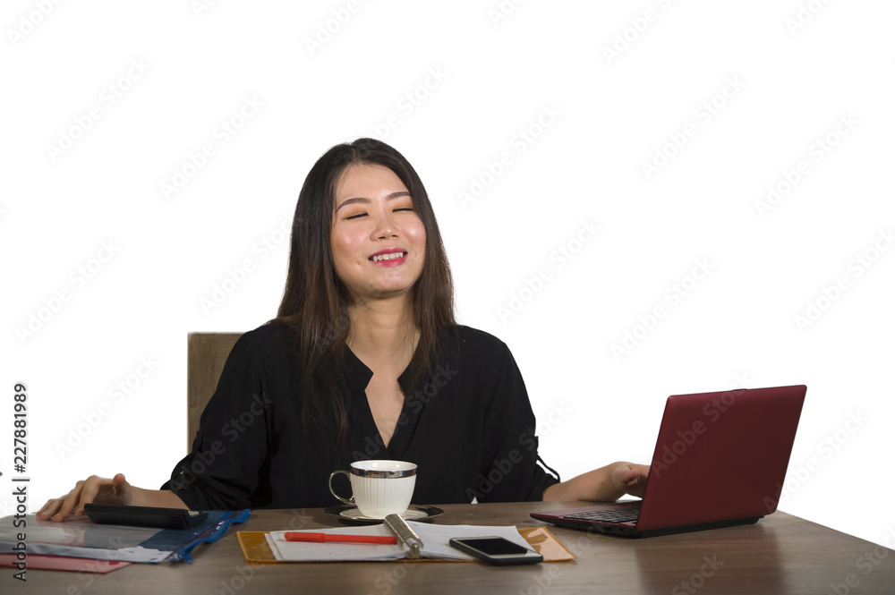 young beautiful and happy successful Chinese Korean businesswoman working relaxed at office computer desk smiling confident posing corporate in business success young beautiful and happy successful Chinese Korean businesswoman working relaxed at office computer desk smiling confident posing corporate in business success