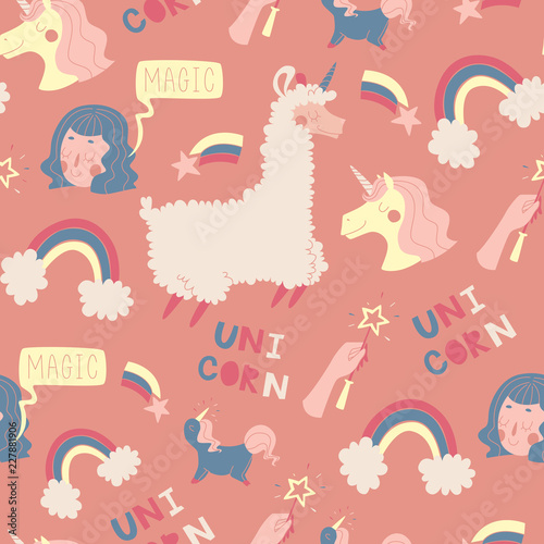 Seamless Pattern with Unicorns. Vector Illustration.