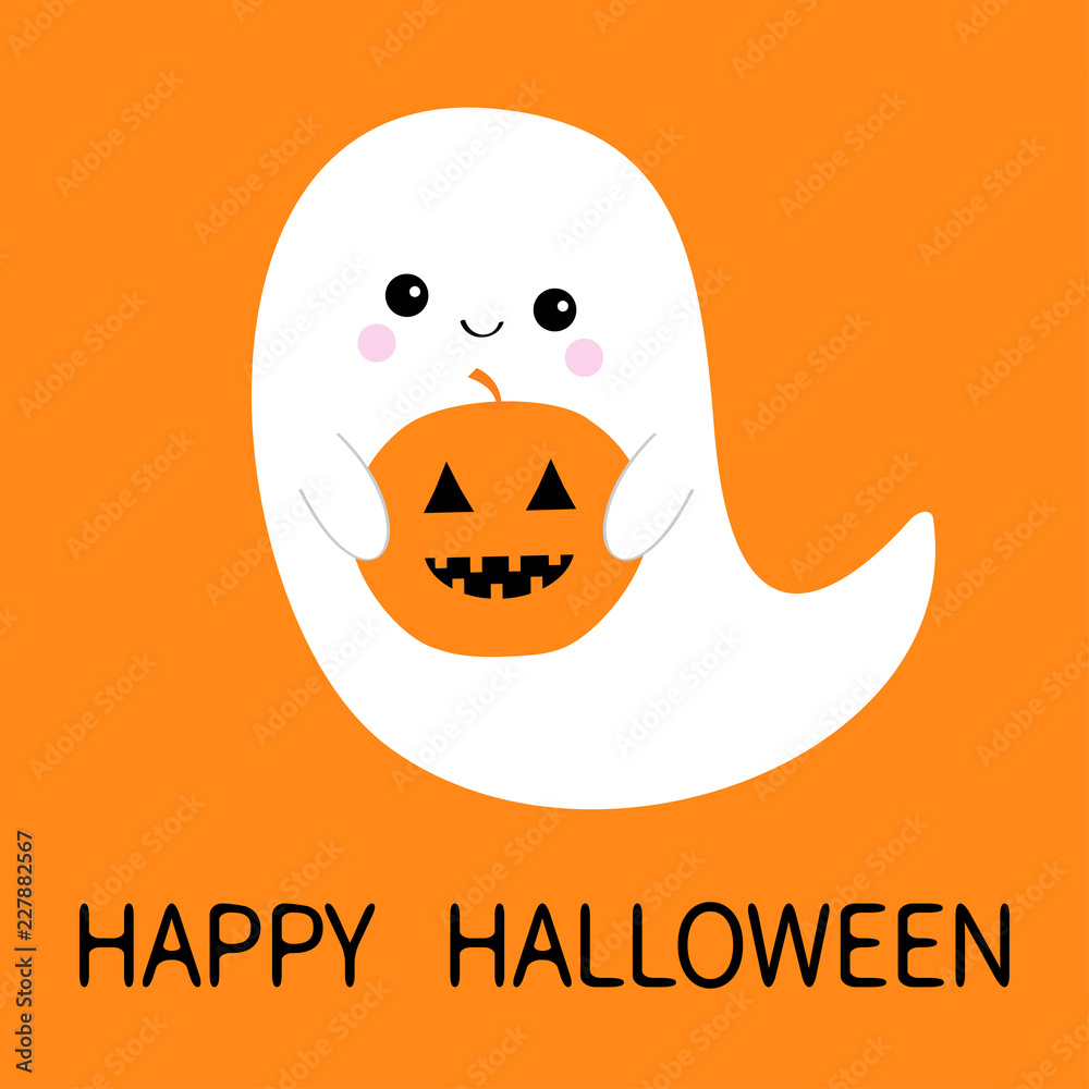 Happy Halloween. Flying ghost spirit holding pumpkin Boo. Scary white