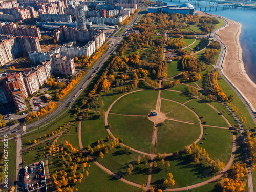 Park 300 years of St. Petersburg, landscape design top view. Gulf Finland. Modern multi-storey area. Dome water attraction. Autumn Sunny day. .