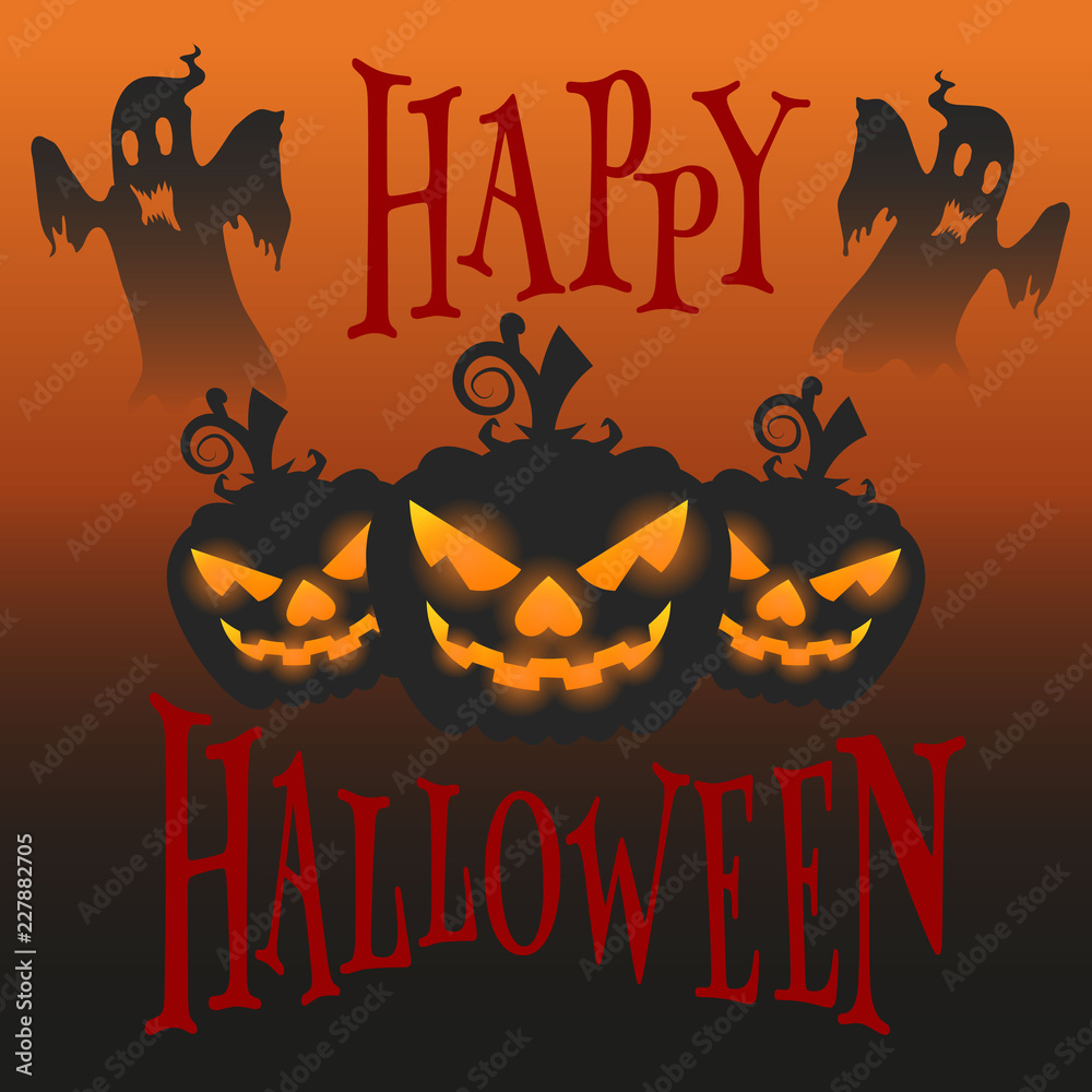 Halloween holiday banner, three glowing pumpkins, and ghosts fly at night, Halloween holiday banner, three glowing pumpkins, and ghosts fly at night,