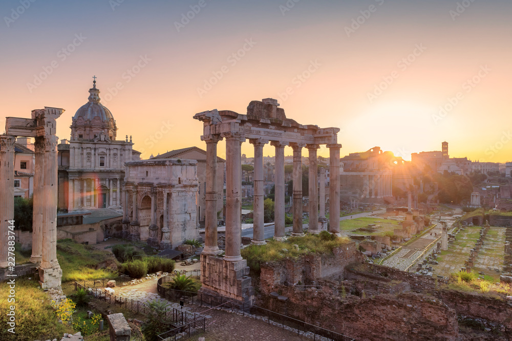 Rome, Italy. Sunrise at the Roman Forum, Ancient Ruins of Rome  - Italy.