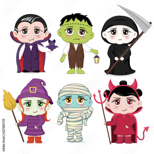 Halloween masquerade, cute children costumes. Funny characters. Invitation card for party and sale. Autumn holidays. Vector illustration EPS10.
