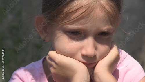 Crying Unhappy Child with Sad Memories, Stray Homeless Kid in Abandoned House