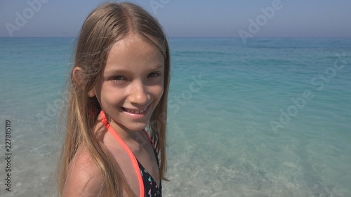 Konstfotografi Child on Beach, Happy Smiling Kid on Seashore, Little Girl Laughing at Camera