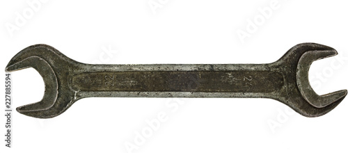 Old rusty spanner isolated on white background. wrench close up
