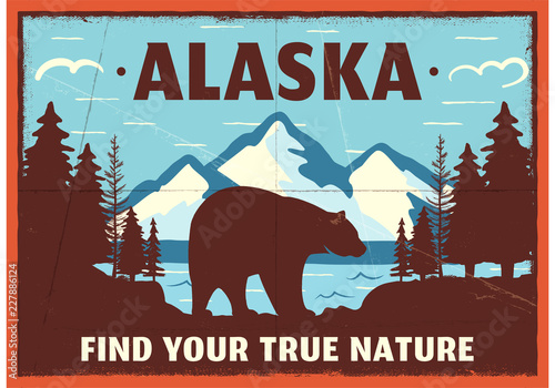 Alaska poster design. Mountain adventure patch. American travel logo. Cute retro style label, brochure. Find your true nature custom quote. Bear walking through the forest. Stock vector emblem