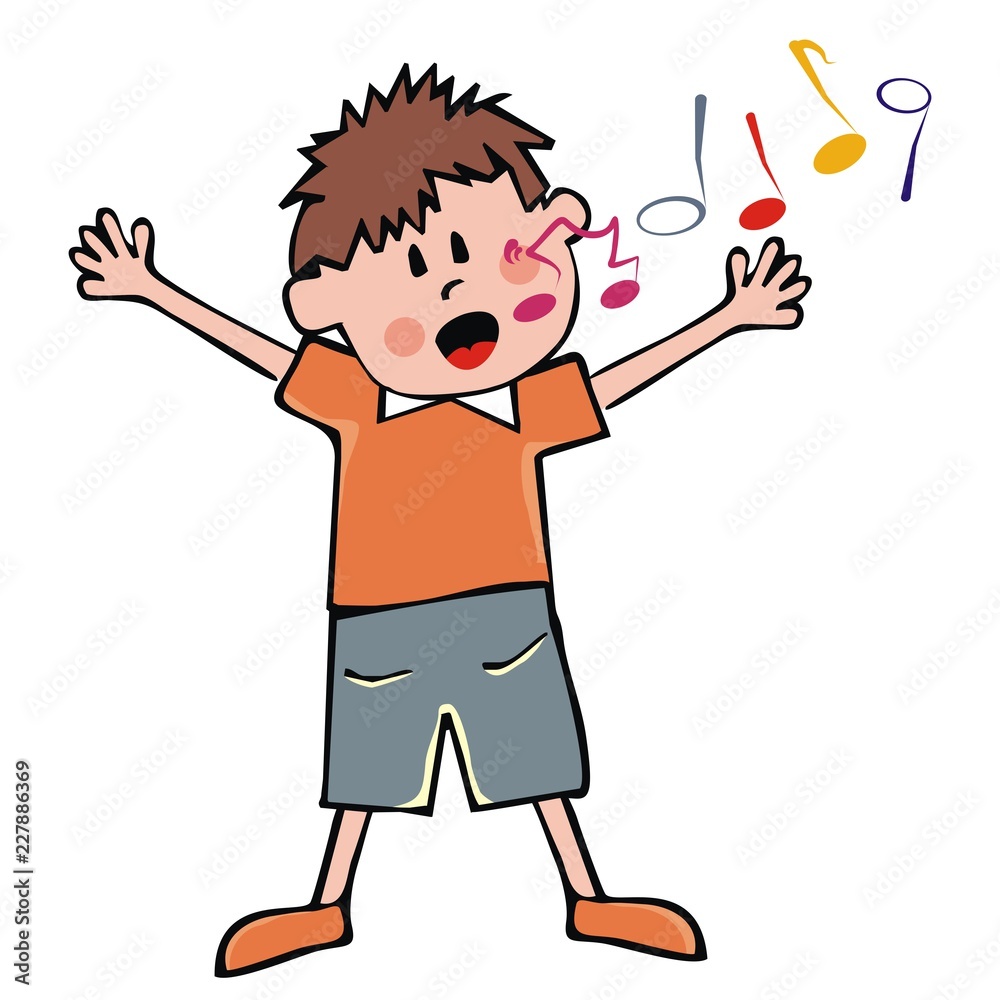 Singing boy and music notes. Funny vector illustration. Single person on white background. Icon for music lessons. Singing boy and music notes. Funny vector illustration. Single person on white background. Icon for music lessons.