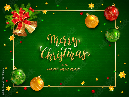 Christmas Balls and Bells on Green Holiday Background