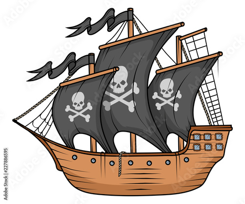 pirate ship or boat illustration, isolated on white background, cartoon sea pirate ship, sailing ship at sea, vector graphic to design
