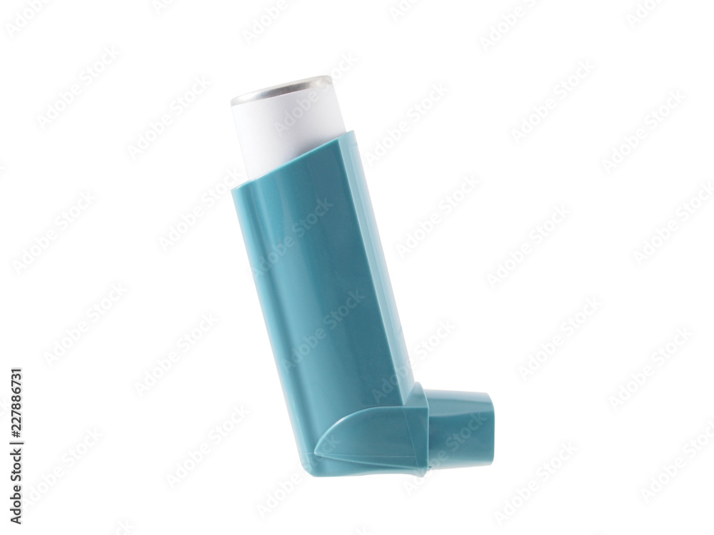 Blue asthma inhaler with blank label isolated on white background.  Pharmaceutical product is used to treat or prevent asthma attack. Health  and medical concept. Stock Photo | Adobe Stock