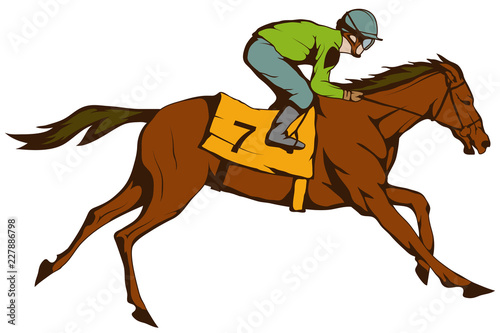 Horse racing. Jockey on racing horse running to the finish line. Race course © avtorpainter