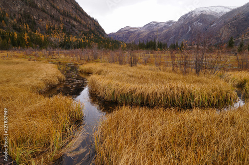 Beautiful view on the way to Geyser Lake in autumn  Altai Russia.