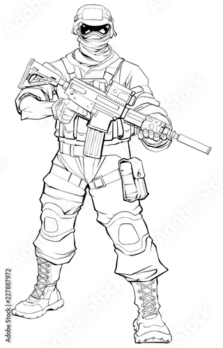 Line art illustration of masked soldier on patrol, holding machine gun. 
