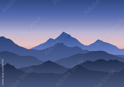 Illustration of mountain landscape under blue morning or evening sky with sunrise or sunset