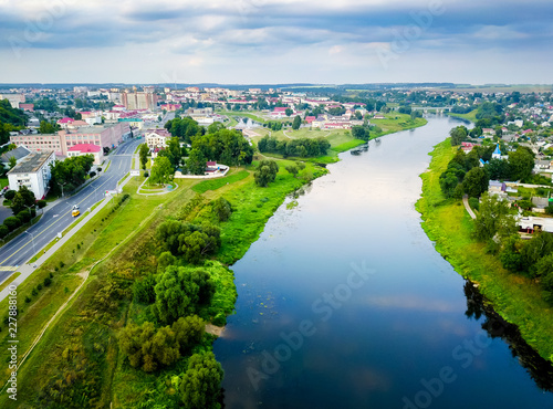 Aerial view of Dnieper river flowing through Orsha Belarus