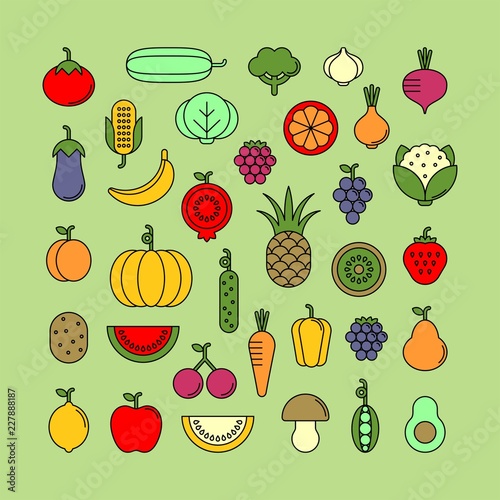Vegetables, fruits and berries flat vector icons set