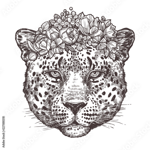 Sketch Hand Drawn Leopard Head With Flower Wreath In Black And White Style