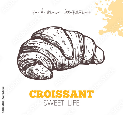 Sketch Of Sweet Croissant. Dessert Bakery In Hand Drawn Vector Style