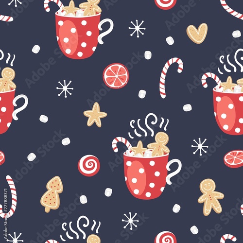 Christmas elements seamless pattern with gingerbread cookies and cocoa. Traditional design. Vector illustration.