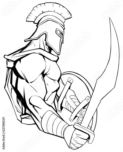 Line art illustration of Spartan warrior holding sword and ready for battle.