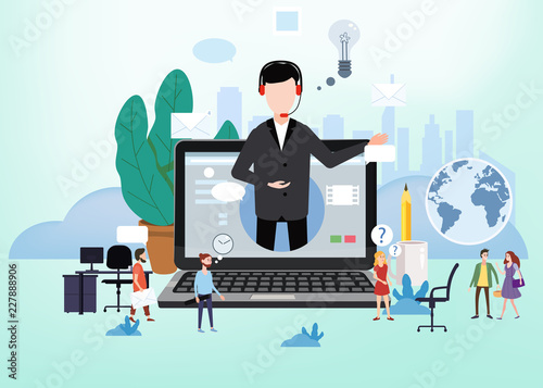 Concept online assistant, customer and operator, call centre, online global technical support 24-7. Vector illustration male hotline operator advises client, virtual help service.