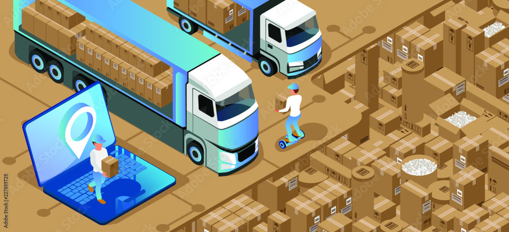 Obraz premium Illustration of online order for delivery of goods from the laptop. Transportation by drone, truck or car. Coordination of delivering over the Internet. isometric 3d