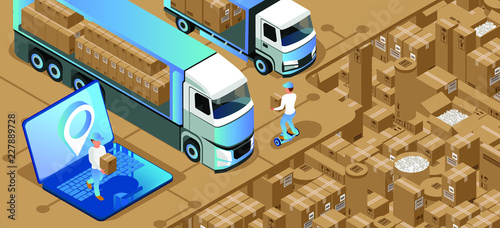 Illustration of online order for delivery of goods from the laptop. Transportation by drone, truck or car. Coordination of delivering over the Internet. isometric 3d