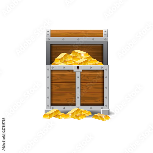 Wooden old pirate chests, full of treasures, gold coins, treasures, vector, cartoon style, illustration, isolated. For games, advertising applications