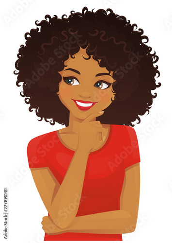 Thinking african american woman with afro hairstyle looking away isolated on white background