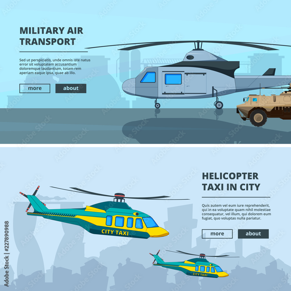 Banners with helicopters. Design template of horizontal banners with pictures of helicopters. Helicopter military army, transportation aviation illustration